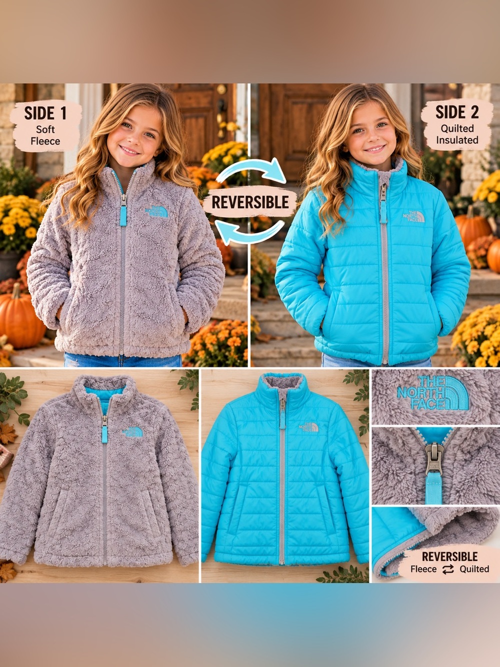 The North Face Reversible Kids Puffer Jacket - Gray & Aqua Blue $50